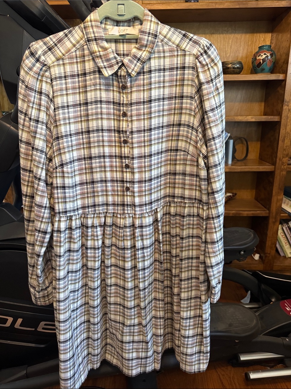 LOFT Plaid Button-Front Gathered Midi Dress in Cream, Brown and Olive